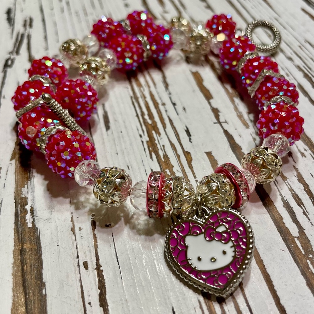 Pink and Silver  Pet Necklace with Hello Kitty Charm 14 inches one of a kind
